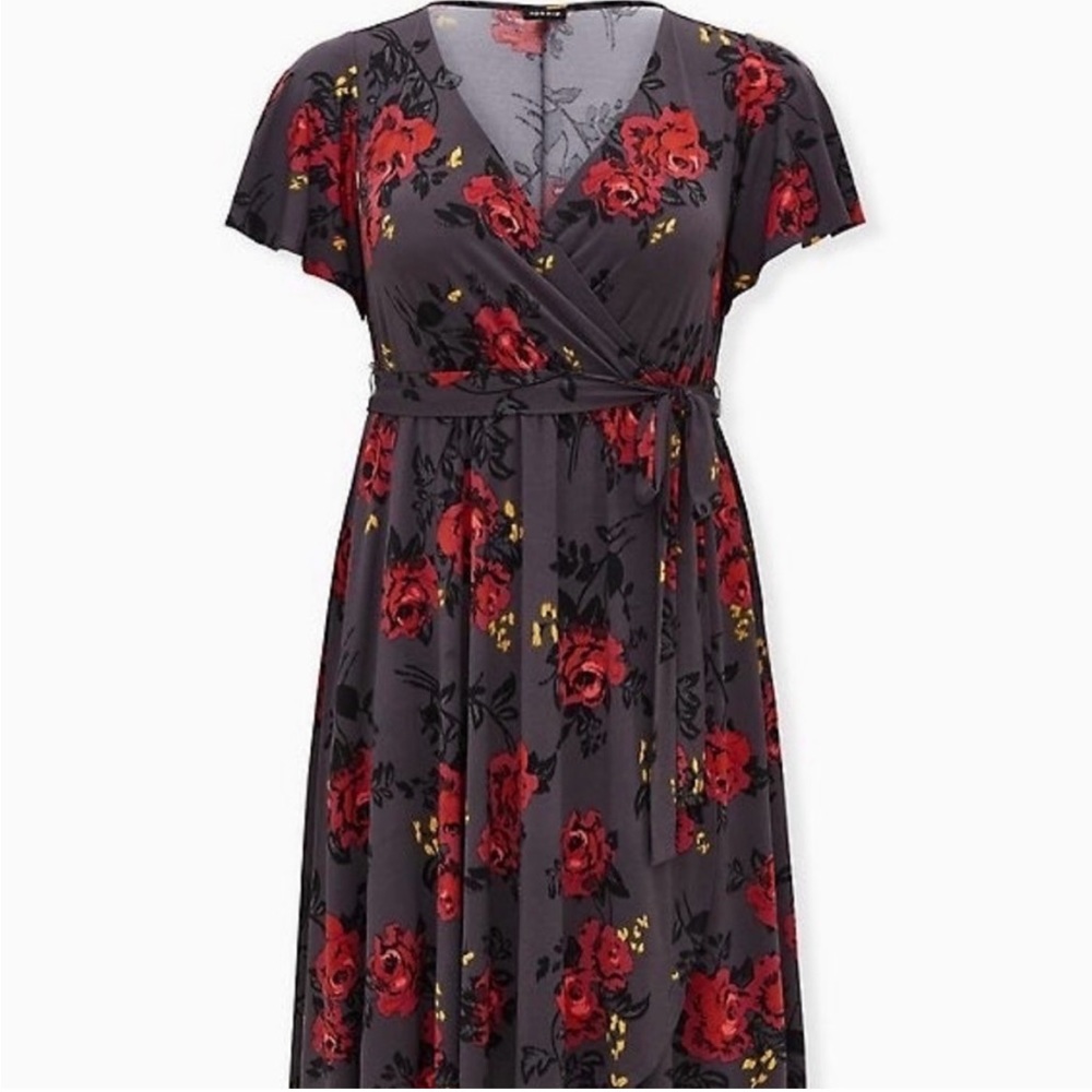 Torrid Rose Grey Floral Studio Knit Wrap Midi Dress
